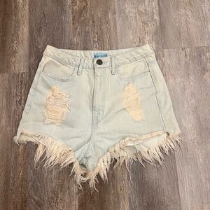 Show Me Your Mumu Blue Womens Wyoming High Waisted Shorts Fray Hem White Size 28